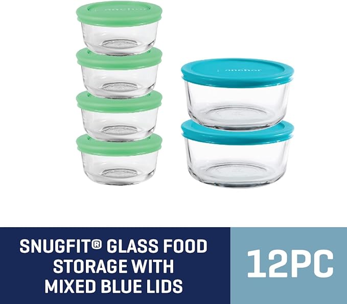 Anchor Hocking 12 Piece Glass Storage Containers with Lids (6 Glass Food Storage Containers & 6 Mixed Blue SnugFit Lids)