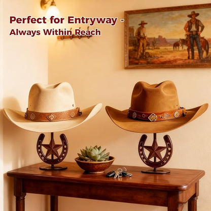 2 PCS Cowboy Hat Stand, Cowboy Hat Holder, Hat Display Stand, Western Horseshoe Decor, Desk Hat Rack for Fedora Sun Straw Hats, Tabletop Hat Stands, Iron, Bronze Finish, 5.1 x 5.1 x 11.5 in