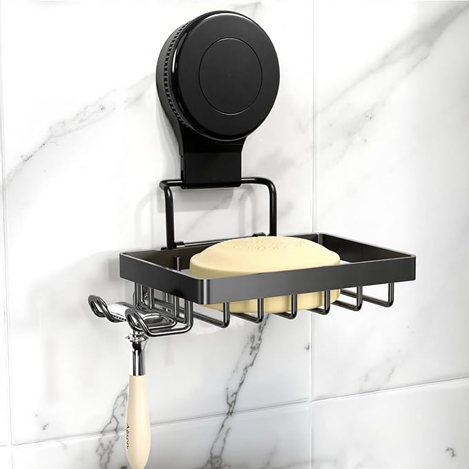 Soap Holder Dish Suction Cup, Bar Shampoo Rack for Shower Wall, Draining Soap Saver Tray for Bathroom, Rustproof Stainless Steel Sponge Holder for Tub, Kitchen, Drill-Free (Black, 1-Tier)