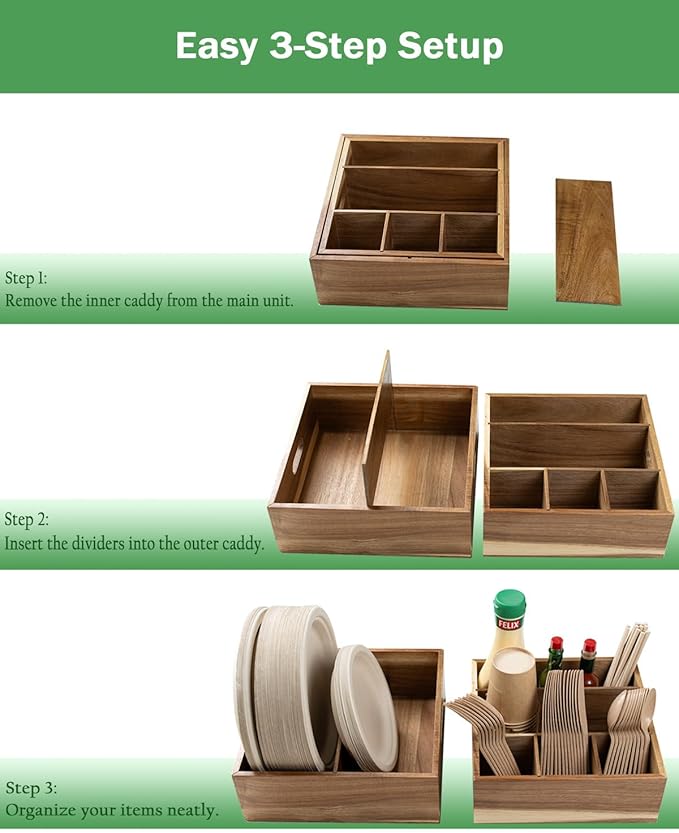 Acacia Wood Utensil Holder for Party (Set of 2) - 11" x 9.5" Utensil Caddy for Parties & Silverware Caddy for Countertop - Holds Plates, Napkins, Cups, Spoons, Forks - Kitchen Accessories