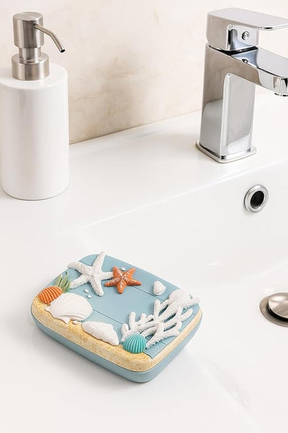 The Bridge Collection Coastal Starfish and Seashell Soap Dish - Nautical Ocean Themed Bathroom Accessory - Coral and Shell Design Beach House Decor