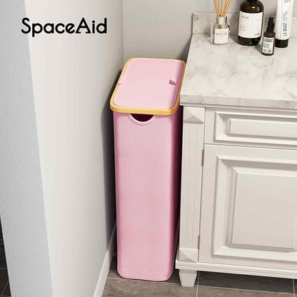 SpaceAid Slim Laundry Hamper with Lid, 65L Narrow Clothes Basket Bin with Bamboo Handles, Skinny Tall Collapsible Hamper for Bedroom, Bathroom, Dorm, Laundry Room - Pink