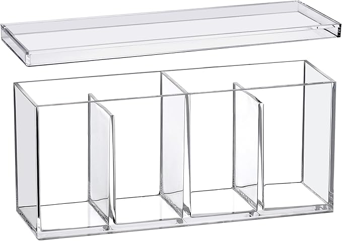 Amazing Abby - Qutie - Acrylic 4-Compartment Makeup Organizer with Lid, Clear Plastic Bathroom Vanity Organizer, Great for Cotton Balls, Cotton Swabs, Makeup Sponges, Lipsticks, and More