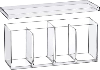 Amazing Abby - Qutie - Acrylic 4-Compartment Makeup Organizer with Lid, Clear Plastic Bathroom Vanity Organizer, Great for Cotton Balls, Cotton Swabs, Makeup Sponges, Lipsticks, and More