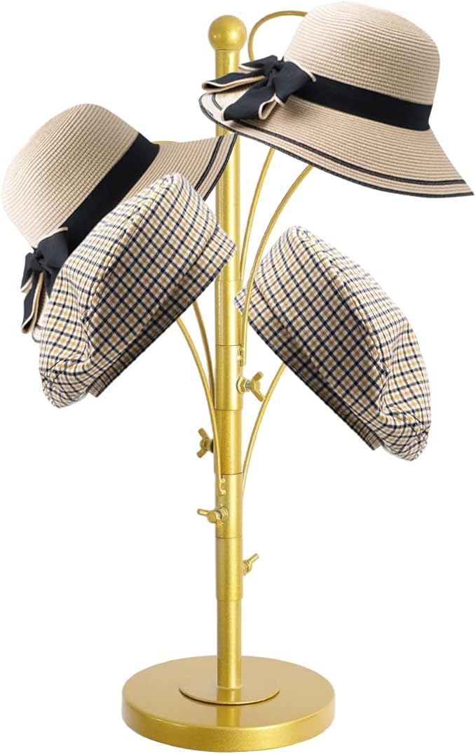 DYRABREST 5 Round Hooks Hat Stand, 28" H Metal Hats and Wigs Display Rack with Adjustable Hooks, Baseball Cap Organizer Headwear Rack for Home Closet Retail Store (Gold, 5 Hooks)