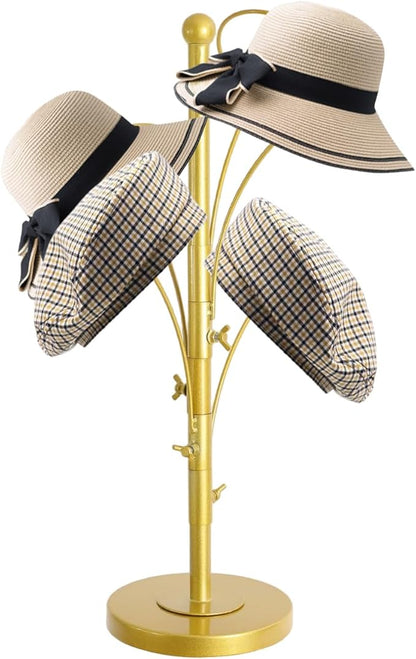 DYRABREST 5 Round Hooks Hat Stand, 28" H Metal Hats and Wigs Display Rack with Adjustable Hooks, Baseball Cap Organizer Headwear Rack for Home Closet Retail Store (Gold, 5 Hooks)