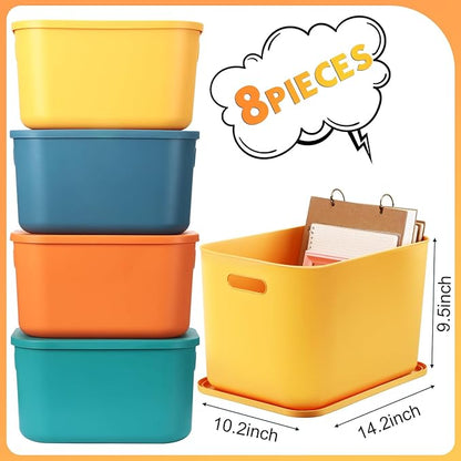 Hoolerry 8 Pieces Colorful Storage Bins with Lid, Plastic Storage Basket Organizing Container Stackable Box with Handle for Shelves Desktop Playroom Office(14.2 x 10.2 x 9.5 Inch,Multi-colored)