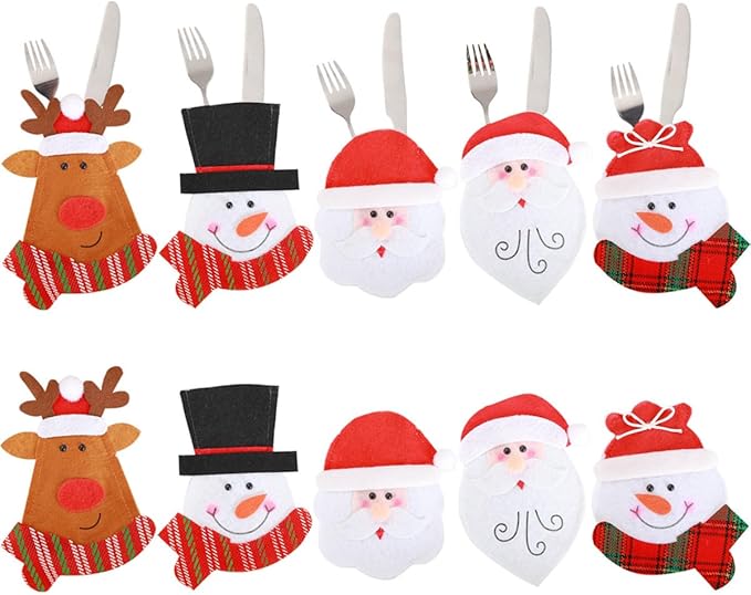10 PCS Christmas Cutlery Silverware Holder Cute Christmas Tableware Holder Knife Fork Bag Pouch Decor for Christmas Party Dinner Table Decor