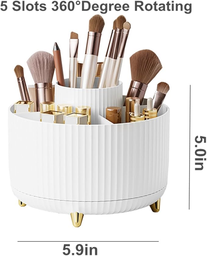 360 Degree Rotating Makeup Brush Holder Organizer Detachable Design 5 Slot Make up Brushes Cup for Cosmetics and Pencil Pen Organizer for Desk Makeup Organizer Skincare Storage for Vanity (White1)