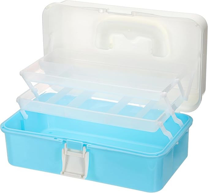 Hipiwe 3-Layer Plastic Storage Box 12.8" Multipurpose Craft Organizers with Dividers & Handle Hair Accessories Organizer Folding Craft Tool Case Portable Tackle Box for Sewing Art Cosmetic, Blue