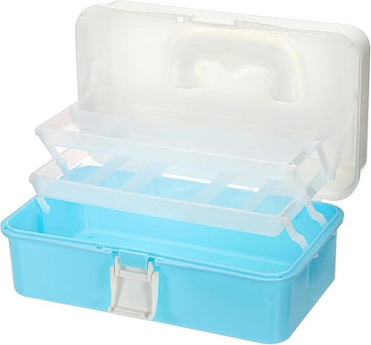 Hipiwe 3-Layer Plastic Storage Box 12.8" Multipurpose Craft Organizers with Dividers & Handle Hair Accessories Organizer Folding Craft Tool Case Portable Tackle Box for Sewing Art Cosmetic, Blue