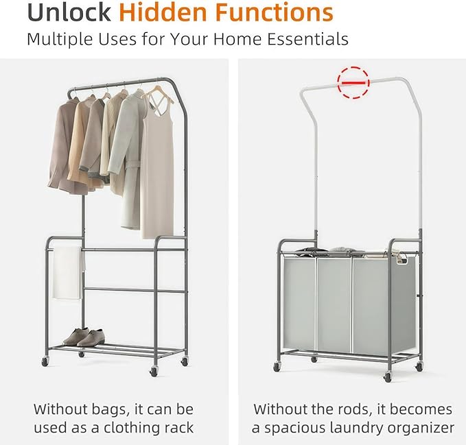 ROMOON Laundry Sorter Hamper with Hanging Bar, 3 Section Rolling Laundry Cart with Clothes Rack & Heavy-Duty Lockable Wheels, Divided Laundry Basket Organizer for Apartment & Small Spaces (135L Grey)