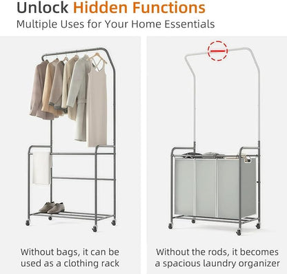 ROMOON Laundry Sorter Hamper with Hanging Bar, 3 Section Rolling Laundry Cart with Clothes Rack & Heavy-Duty Lockable Wheels, Divided Laundry Basket Organizer for Apartment & Small Spaces (135L Grey)