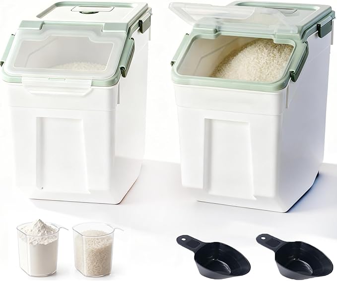 RUIAN 2Pcs Large Flour Storage Container Bin 50Lb Airtight Rice Storage Containers with Wheels Seal Locking Lid, BPA Free with Measuring Cup&Scoop for Flour, Rice, Grain 100LBS Total (Green)