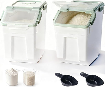 RUIAN 2Pcs Large Flour Storage Container Bin 50Lb Airtight Rice Storage Containers with Wheels Seal Locking Lid, BPA Free with Measuring Cup&Scoop for Flour, Rice, Grain 100LBS Total (Green)