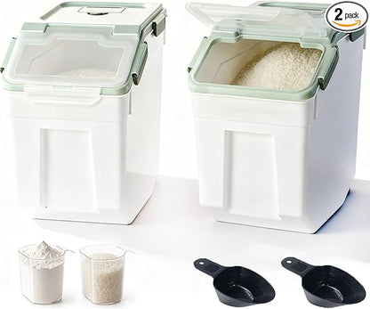 RUIAN Large Airtight Storage Container, 25lb Flour Rice Storage Containers Bin with Wheels Seal Locking Lid, with Measuring Cup&Scoop for Flour, Rice, Grain (Green, 2PCS)