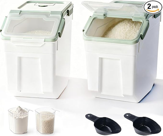 RUIAN Large Airtight Storage Container, 25lb Flour Rice Storage Containers Bin with Wheels Seal Locking Lid, with Measuring Cup&Scoop for Flour, Rice, Grain (Green, 2PCS)