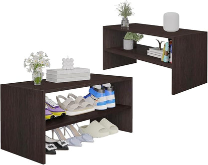 PrimeZone Shoe Rack for Closet - 2-Tier Stackable Shoe Shelf for 6-12 Pairs, Freestanding Wooden Shoe Organizer, Small Storage Shoe Stand for Entryway, Closet, Dorm, Small Space, Espresso, 2 Pack