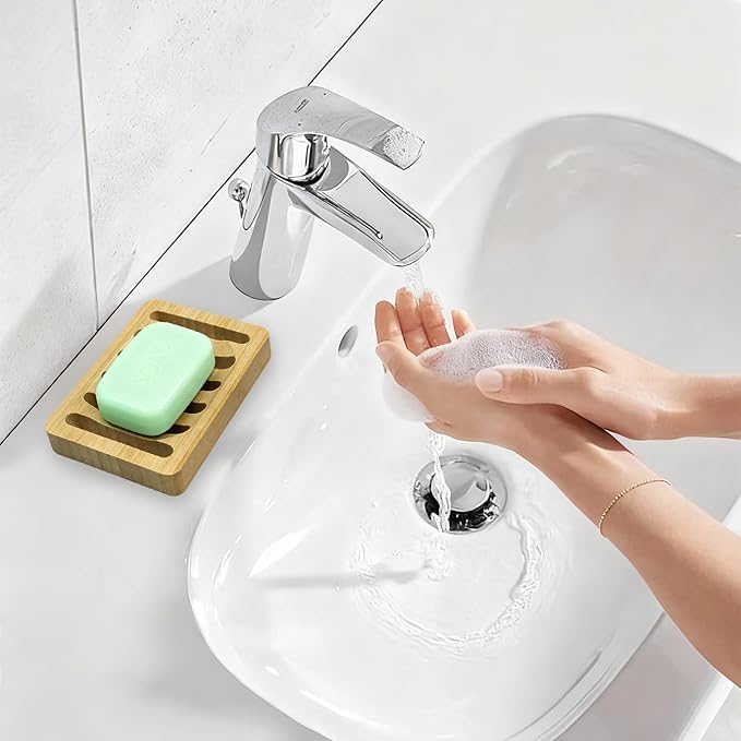 2 Pack Wooden Soap Holder Bamboo Soap Dish for Shower with Self Draining Tray Natural Bar Soap Holder and Soap Saver for Bathroom Kitchen Sink
