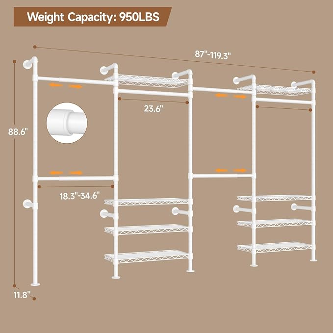 ComfyCorner Wall Mounted Garment Rack, Industrial Pipe Metal Clothing Rack with 6 Hanging Rods (4 Expandable) & 8 Shelves, Closet Organizers and Storage System for Bedroom, Walk in Closet