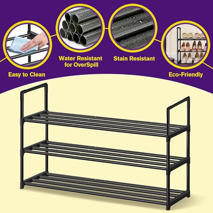 Shoe Rack - Metal Shoe Rack Organizer - Stackable Shoe Storage Shelf for Entryway, Closet, Bathroom 30cm(D) x 92cm(W) x 55cm(H) -Black (3-Tier)