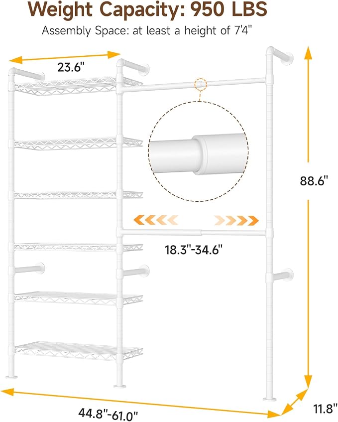 ONBRILL H2 Wall Mounted Clothing Rack, Expandable Industrial Pipe Clothes Rack Garment Racks for Hanging Clothes, Heavy Duty Closet Organizers and Storage in Closet System, White