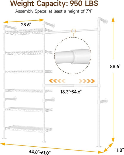 ONBRILL H2 Wall Mounted Clothing Rack, Expandable Industrial Pipe Clothes Rack Garment Racks for Hanging Clothes, Heavy Duty Closet Organizers and Storage in Closet System, White