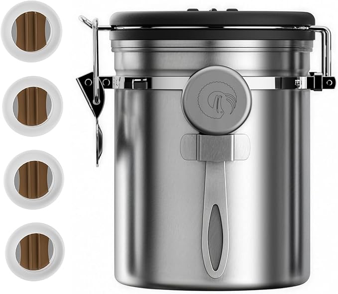 Coffee Gator Coffee Canister, 16oz Airtight Stainless Steel Kitchen Food Storage Container with Date Tracker, Scoop for Sugar,Grounds Coffee, Beans,Tea, Sugar, Cereal, Flour, Cookies Jars - Silver