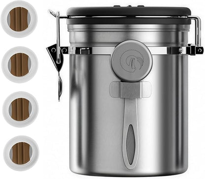 Coffee Gator Coffee Canister, 16oz Airtight Stainless Steel Kitchen Food Storage Container with Date Tracker, Scoop for Sugar,Grounds Coffee, Beans,Tea, Sugar, Cereal, Flour, Cookies Jars - Silver
