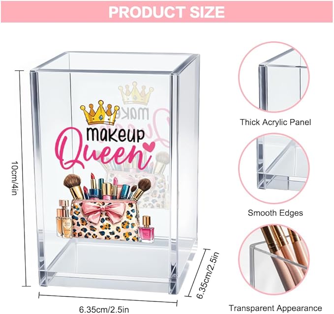Makeup Queen Acrylic Makeup Brush Organizer Holder, Makeup Queen Desk Acrylic Brushes Storage, Christmas Birthday Gifts for Women Mom Sister Colleague Boss Lady Make Up Artist