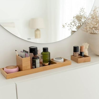 Bamboo Vanity Tray, 6-Piece Bathroom Countertop Vanity Tray Set, Makeup Kitchen Desk Organizer and Storage - Holds Small Items