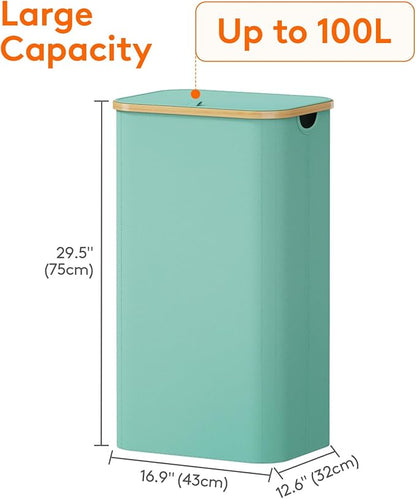 Lifewit 100L Laundry Basket with Lid, Clothes Hampers for Laundry with Bamboo Handles and 1 Removable Bag, Large Foldable Laundry Hamper for Bedroom, Bathroom, Dorm, Laundry Room, Sage Green