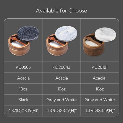 KITCHENDAO Acacia Wood Salt and Pepper Box Cellar Bowl with Grey Marble Lid and Built-in Spoon, Large Salt Container Cellar Storage Herb Sea Bath Salt Spice, Dual 5Oz Capacity