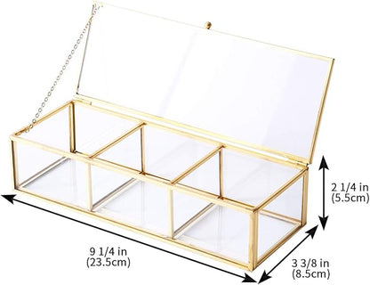 Vintage Golden Glass Lidded Box Clear Glass & Brass Metal Storage Jewelry and Cosmetic Makeup Organizer with Lid Beauty Display, Rectangle with 3 Compartment