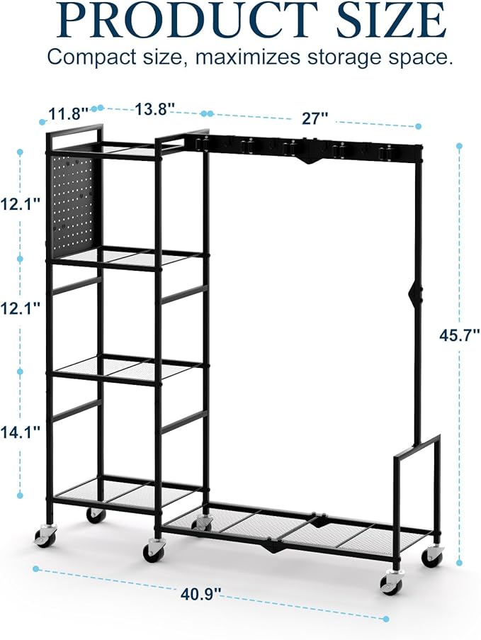 Broom Holder with Cleaning Supplies Organizer, Heavy Duty Janitorial Housekeeping Cart with Mop Clips & Hooks, Home Essentials Broom Closet Storage, Multifunctional Cleaning Cart for Laundry