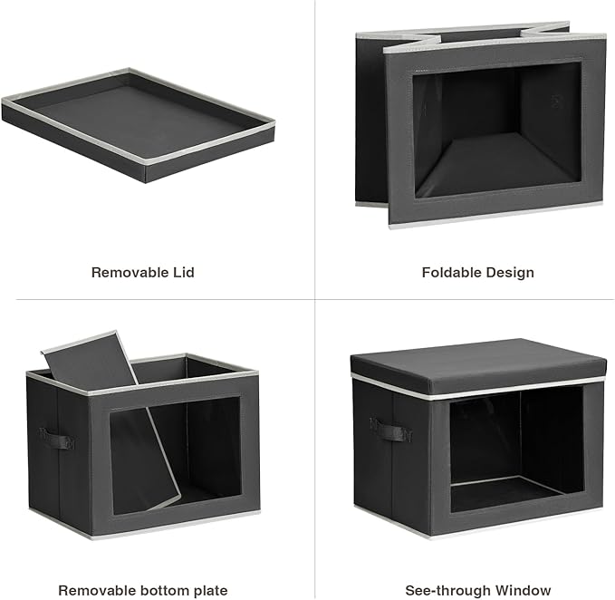 Homsorout Stackable Storage Bins with Lids - Large Storage Box with Lids, Foldable Closet Boxes for Organizing, Wardrobe Clothes Organizer with Window, Cubes Bins for Living Room, 4 Pack, Dark Grey