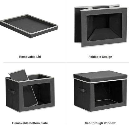 Homsorout Stackable Storage Bins with Lids - Large Storage Box with Lids, Foldable Closet Boxes for Organizing, Wardrobe Clothes Organizer with Window, Cubes Bins for Living Room, 4 Pack, Dark Grey
