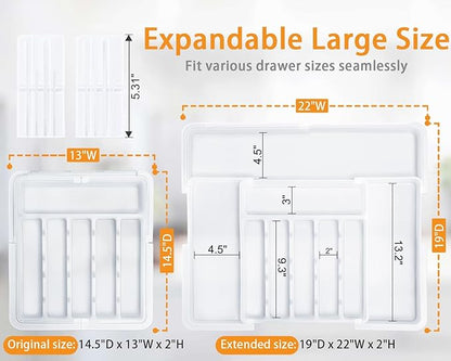 Silverware Organizer Expandable Utensil Drawer Organizer Adjustable Drawer Organizer, Flatware Cutlery Silverware Tray for Spoons Forks Knives Kitchen Organizers Storage (White Plus)