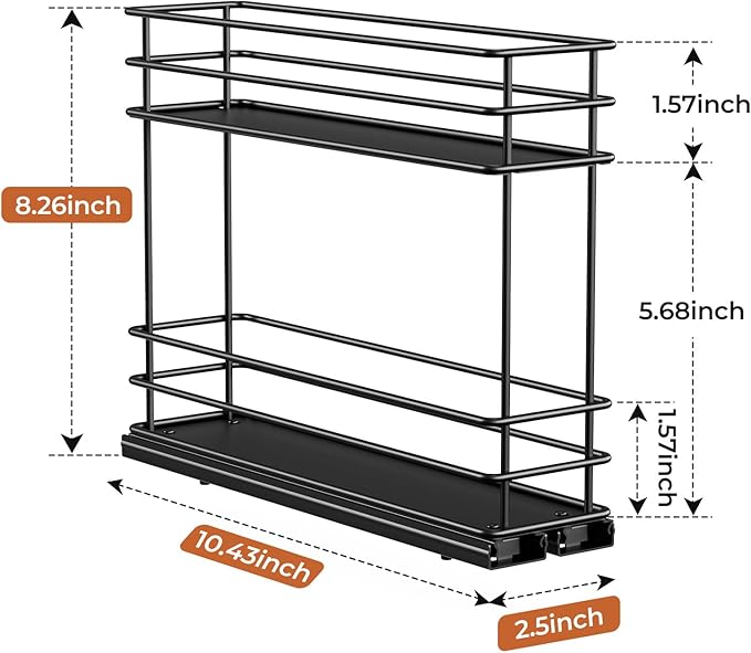 Mystozer Pull Out Spice Rack Organizer for Cabinet, Slide Out Spice Racks, Easy to Install Spice Cabinet Organizers, 5.2" Wx10.43 Dx8.26 H, 2 Packs 2 Tiers(Black)