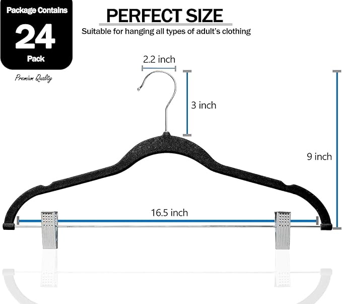 GVTECH Velvet Hangers with Clips, [24 Pack] Metal Clip Hangers for Pants - Notched Skirt Hangers for Pants, Skirts, Suit, Dresses & Shirts 360° Swivel Hook, Non Slip Felt Hanger (White, 24 Pack)
