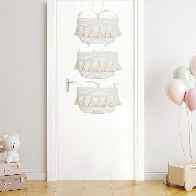 Over the Door Organizer Nursery - Cotton Boho Decor 3 Tier Wall Hanging Basket, Decorative Hanging Storage Organizer for Nursery Bathroom Bedroom Laundry Dorm Kitchen