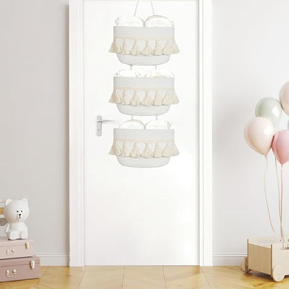 Over the Door Organizer Nursery - Cotton Boho Decor 3 Tier Wall Hanging Basket, Decorative Hanging Storage Organizer for Nursery Bathroom Bedroom Laundry Dorm Kitchen
