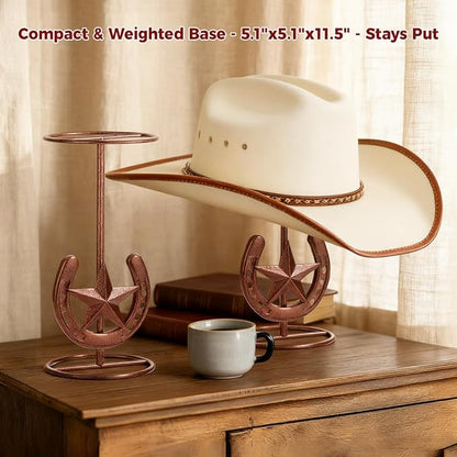 2 PCS Cowboy Hat Stand, Cowboy Hat Holder, Hat Display Stand, Western Horseshoe Decor, Desk Hat Rack for Fedora Sun Straw Hats, Tabletop Hat Stands, Iron, Bronze Finish, 5.1 x 5.1 x 11.5 in