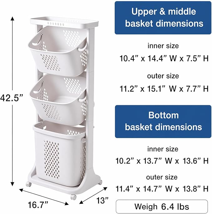 Japard 83 Litres Rolling Laundry Hamper Ultra Slim, Vertical 3 Sorter Cart with Wheels and Breaks, 3-tier Baskets Detachable for Dorm, Closet, Easy Assembly White Gray