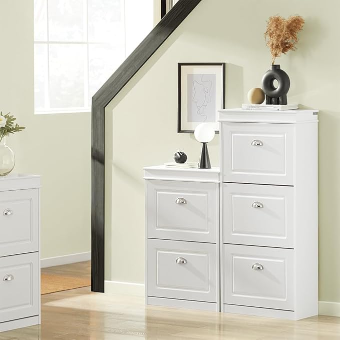 SoBuy White Shoe Cabinet with 3 Flip Drawers, Narrow Freestanding Shoe Rack Entryway, Hidden Slim Shoe Rack with Drawer FSR94-W (9.45" D x 20.87" W x 46" H)