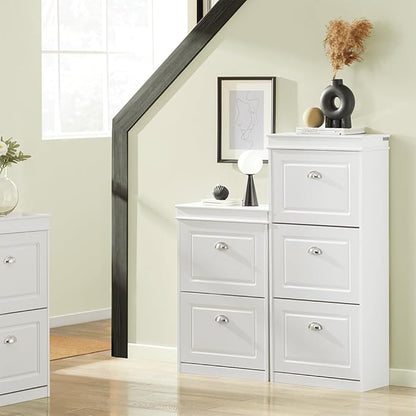 SoBuy White Shoe Cabinet with 3 Flip Drawers, Narrow Freestanding Shoe Rack Entryway, Hidden Slim Shoe Rack with Drawer FSR94-W (9.45" D x 20.87" W x 46" H)