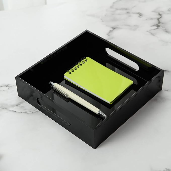 KEVLANG Black Sturdy Acrylic Tray with Handles-8x8 Inch- Countertop Organizer Tray for Kitchen,Bathroom,Office- Storage Box for Cosmetics, Jewelry,Toiletries,Toy,Gadgets