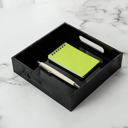 KEVLANG Black Sturdy Acrylic Tray with Handles-8x8 Inch- Countertop Organizer Tray for Kitchen,Bathroom,Office- Storage Box for Cosmetics, Jewelry,Toiletries,Toy,Gadgets
