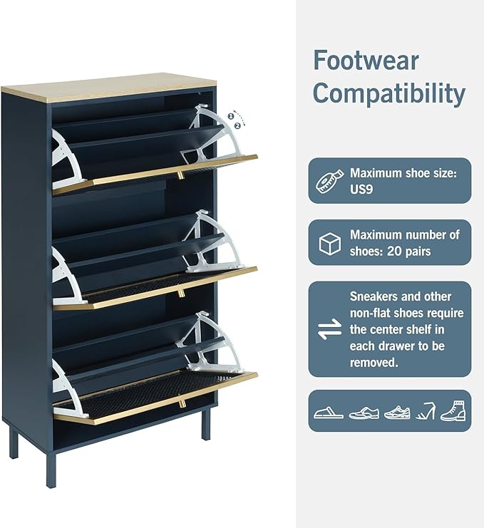 Natural Rattan Shoe Cabinet with 3 Flip Drawers, Entrance Hallway Free Standing Shoe Racks with Metal Legs for Heels, Boots, Slippers (Blue)