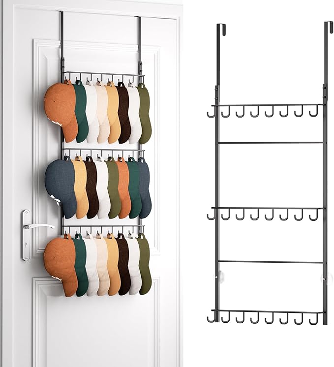 HapiRm Over Door Hat Rack - 3 Tier Wall Mounted Hat Organizer with 24 Hooks, Baseball Cap Organizer Storage Holds up to 24 Caps for Door, Bedroom, Closet